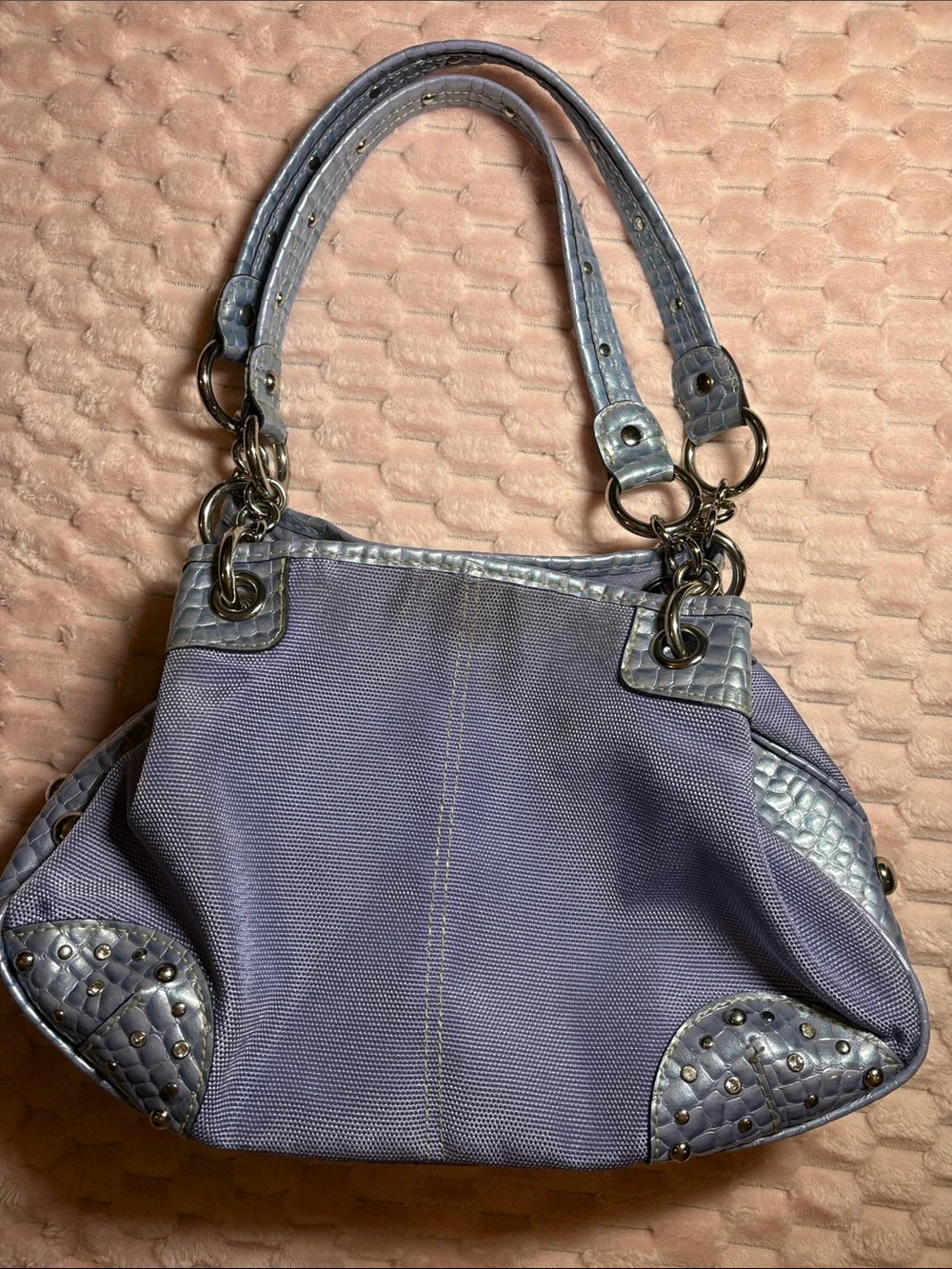 Y2K Kathy Van Zeeland Croc-Embossed Studded Shoulder Bag 💜🩵